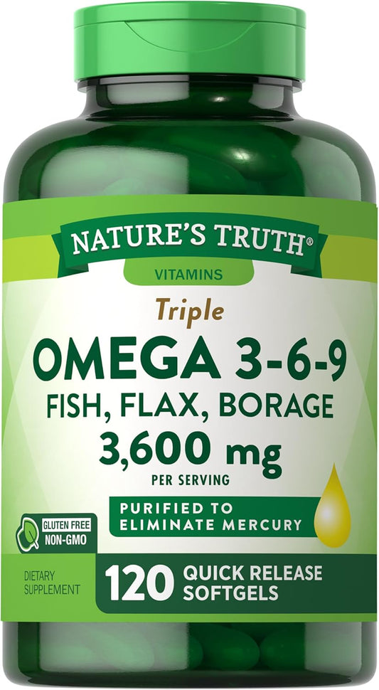3600mg Omega 3-6-9 Softgels with Fish, Flax, & Borage Oil - 120 Count | Triple Strength Non-GMO & Gluten Free Supplement