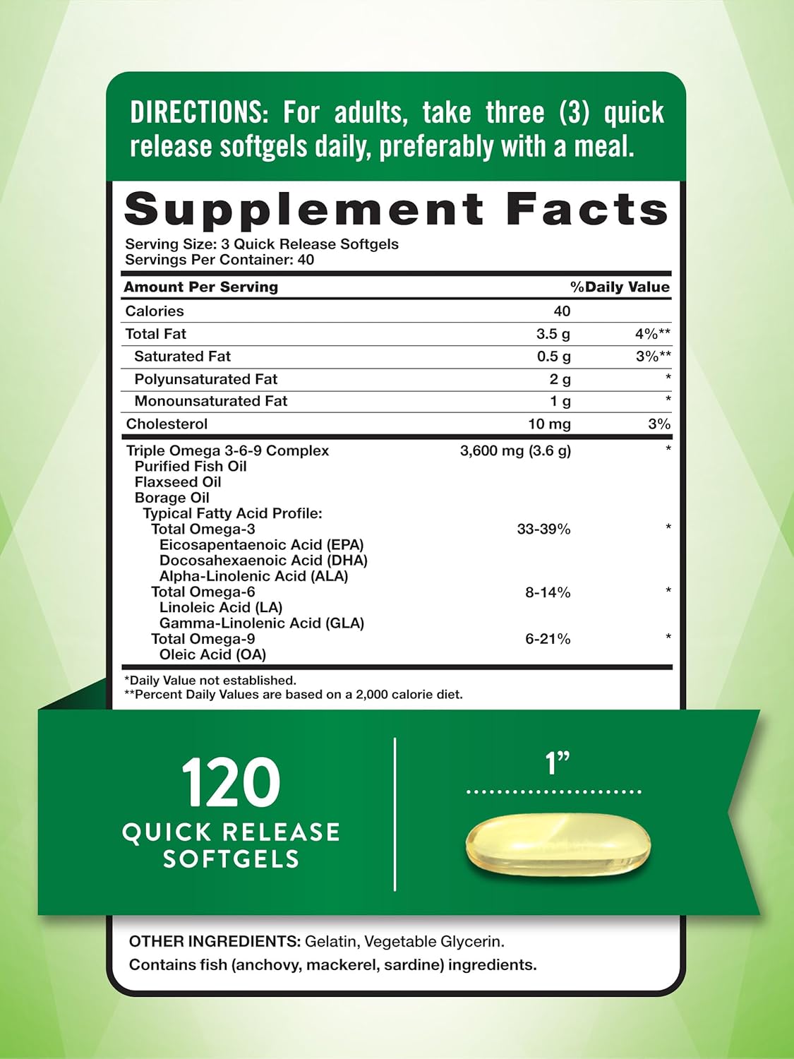 3600mg Omega 3-6-9 Softgels with Fish, Flax, & Borage Oil - 120 Count | Triple Strength Non-GMO & Gluten Free Supplement