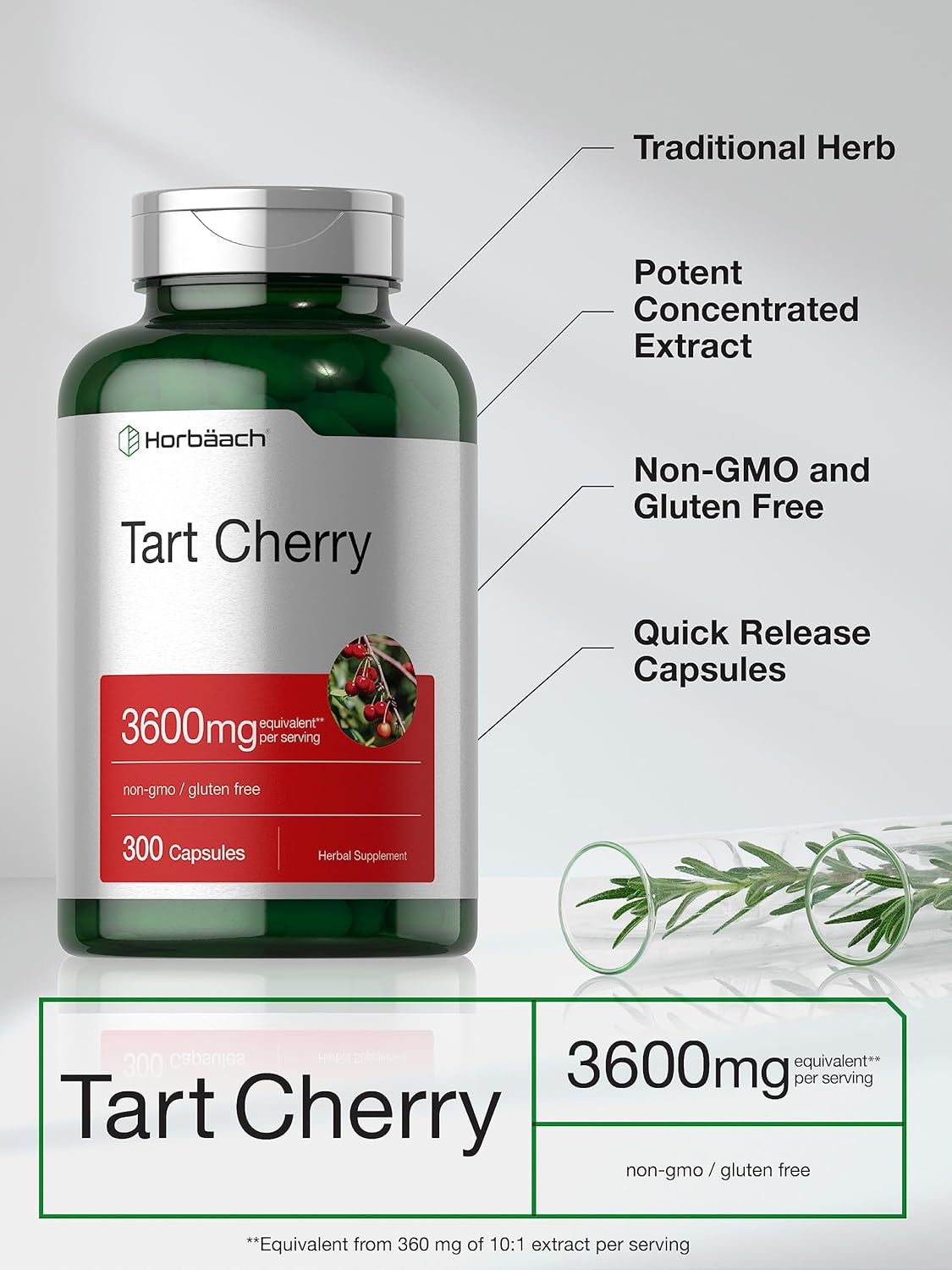 3600mg Tart Cherry Extract Capsules - 300 Pills - Non-GMO & Gluten Free Herbal Supplement by Horbäach