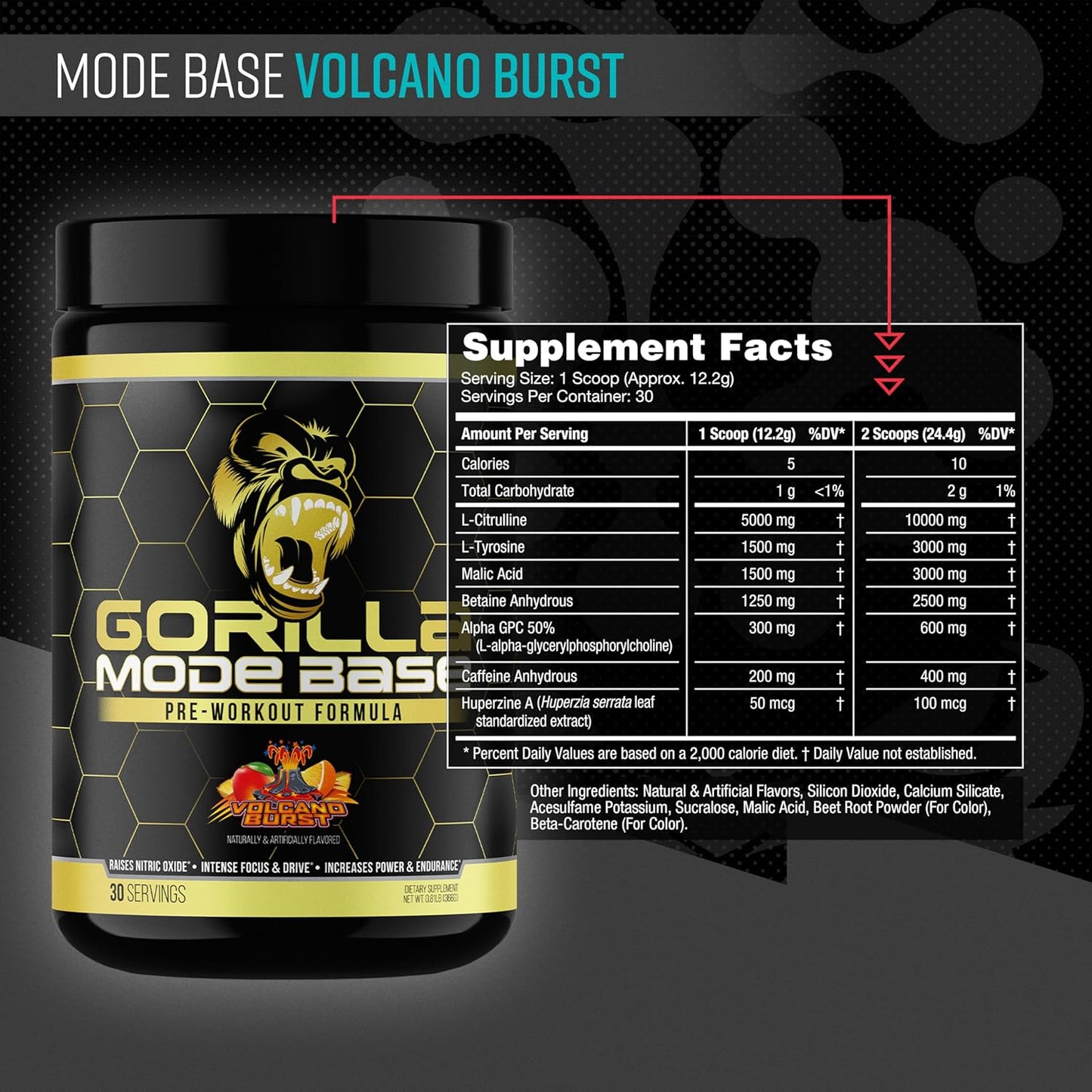 360g Gorilla Mind Base Pre Workout Supplement - Enhances Nitric Oxide, Focus, Endurance, Power - L-Citrulline, L-Tyrosine, Betaine, Alpha-GPC, Caffeine, Huperzine A - Volcano Burst Flavor