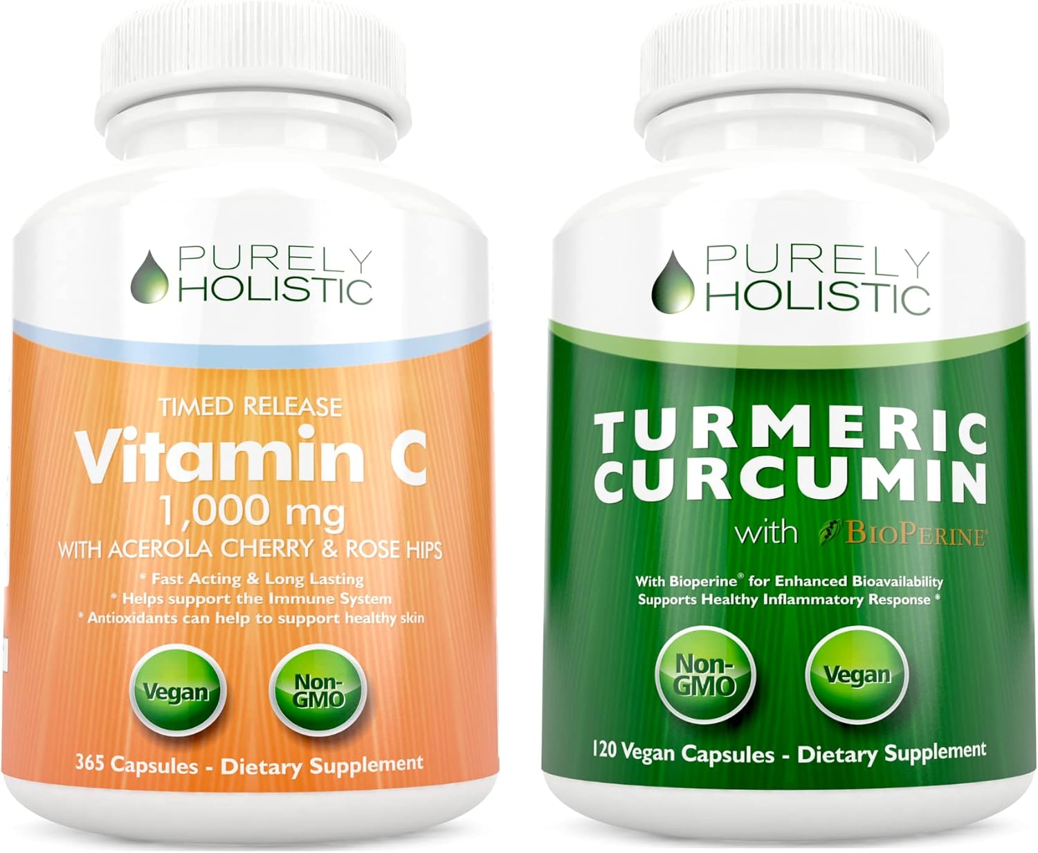 365 + 120 Capsules Vegan Bundle: Purely Holistic Vitamin C 1000mg with Organic Turmeric Curcumin 700mg & Bioperine, Rosehip, Acerola Cherry - Made in USA
