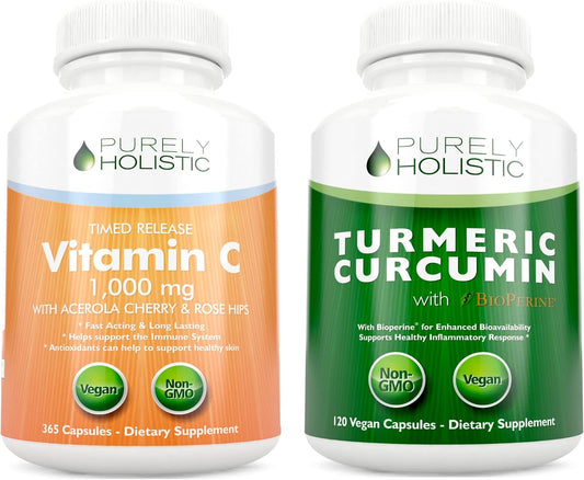 365 + 120 Capsules Vegan Bundle: Purely Holistic Vitamin C 1000mg with Organic Turmeric Curcumin 700mg & Bioperine, Rosehip, Acerola Cherry - Made in USA