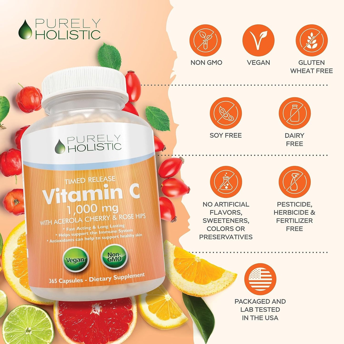 365 + 120 Capsules Vegan Bundle: Purely Holistic Vitamin C 1000mg with Organic Turmeric Curcumin 700mg & Bioperine, Rosehip, Acerola Cherry - Made in USA