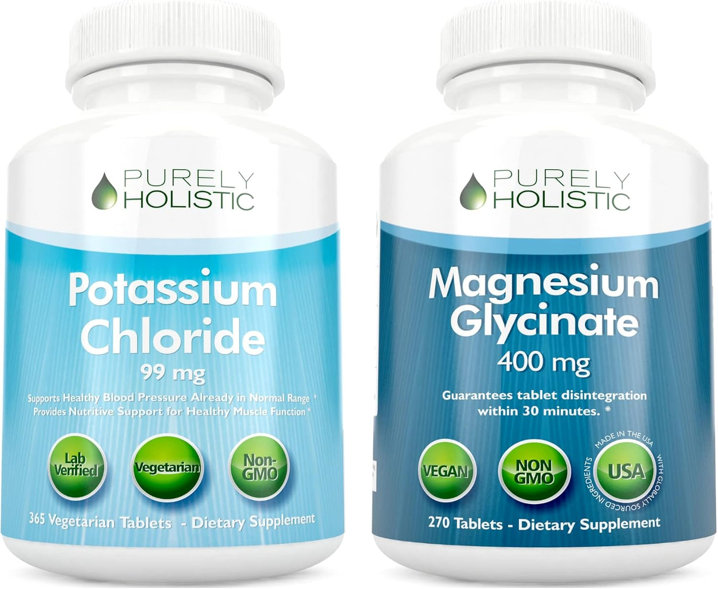 365 + 270 Tablets Purely Holistic Potassium Chloride 99mg + Magnesium Glycinate 400mg Vegetarian Bundle USA Made