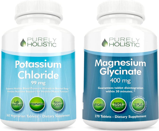 365 + 270 Tablets Purely Holistic Potassium Chloride 99mg + Magnesium Glycinate 400mg Vegetarian Bundle USA Made