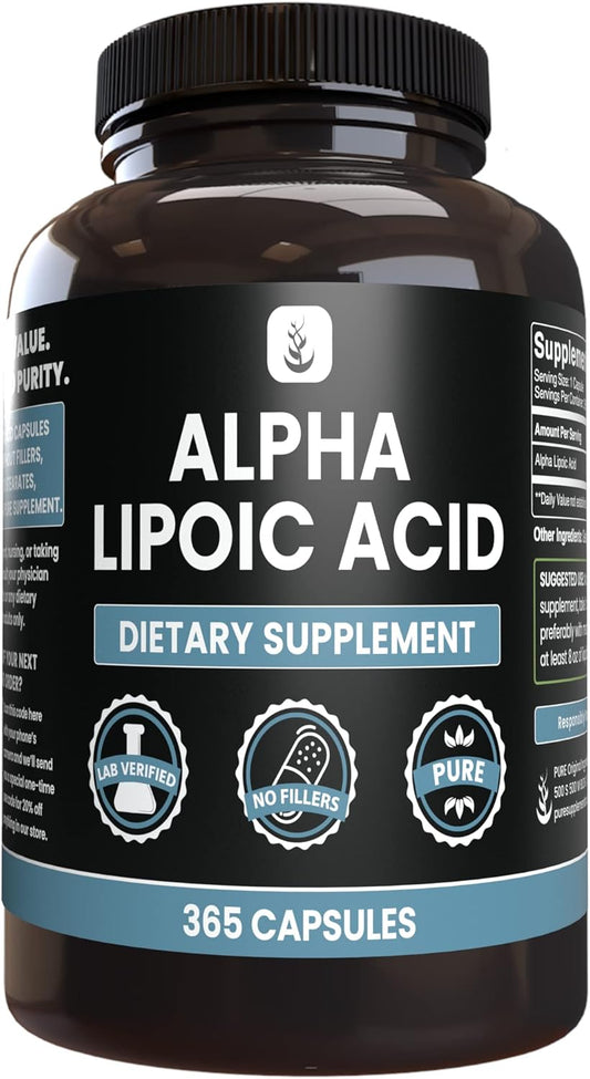 365 Capsules Alpha Lipoic Acid Supplement - Pure Ingredients, No Fillers, Lab Verified