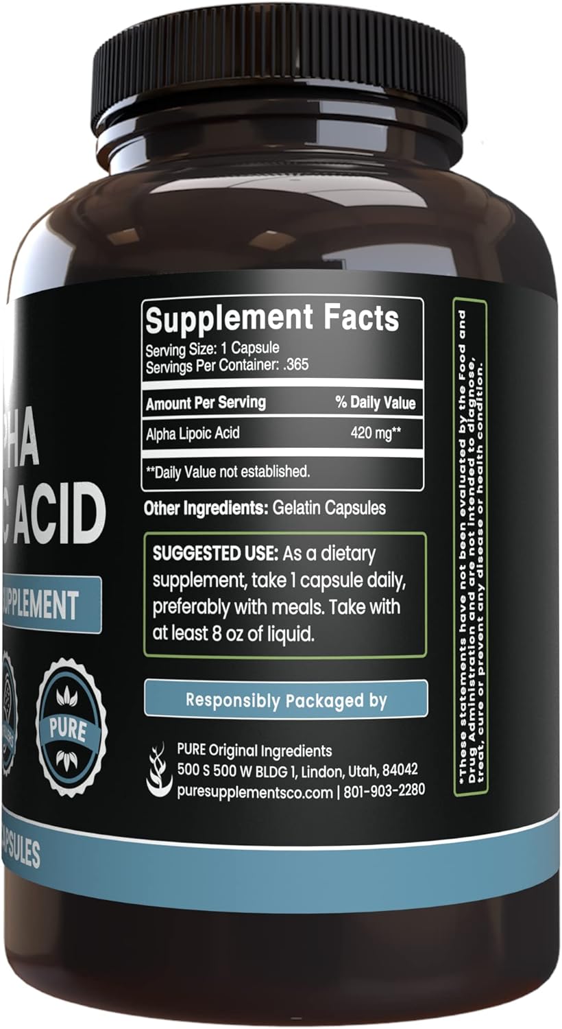 365 Capsules Alpha Lipoic Acid Supplement - Pure Ingredients, No Fillers, Lab Verified