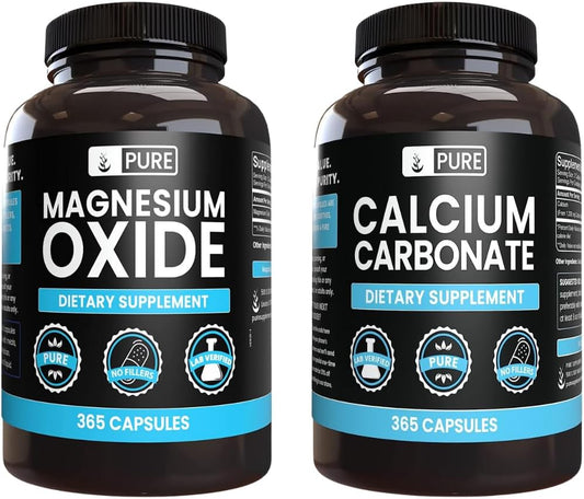 365 Capsules Each of Pure Calcium Carbonate and Magnesium Oxide Bundle - No Fillers, Always Pure Ingredients