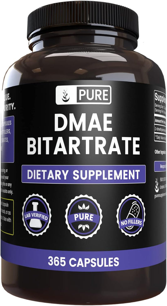 365 Capsules of DMAE Bitartrate with Pure Original Ingredients, Lab Verified, No Magnesium or Rice Fillers