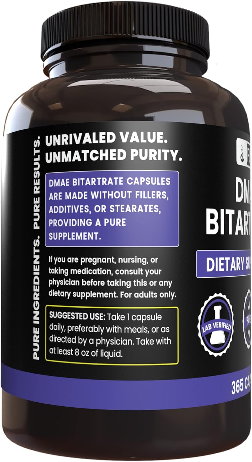 365 Capsules of DMAE Bitartrate with Pure Original Ingredients, Lab Verified, No Magnesium or Rice Fillers