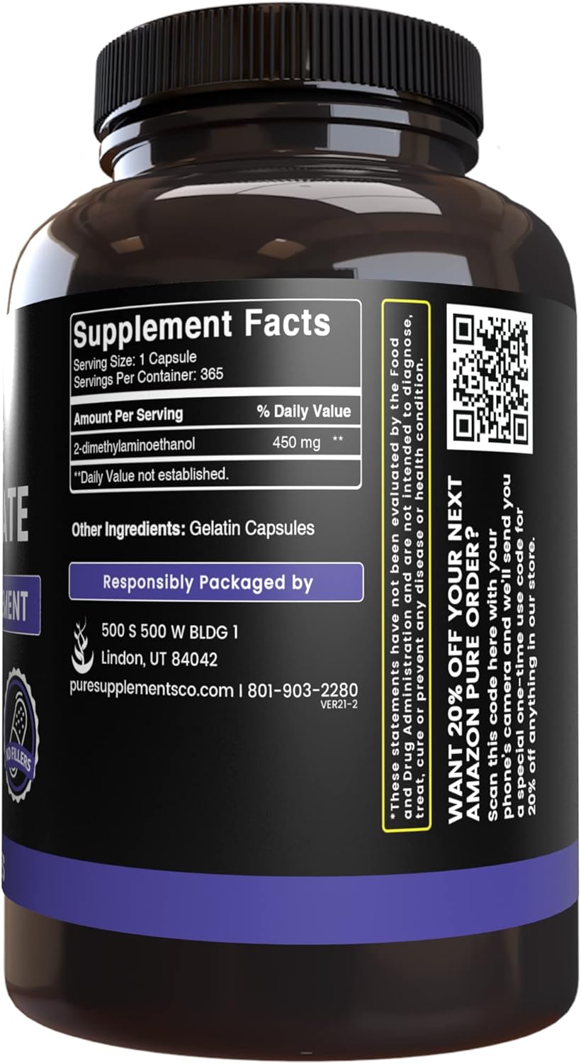 365 Capsules of DMAE Bitartrate with Pure Original Ingredients, Lab Verified, No Magnesium or Rice Fillers