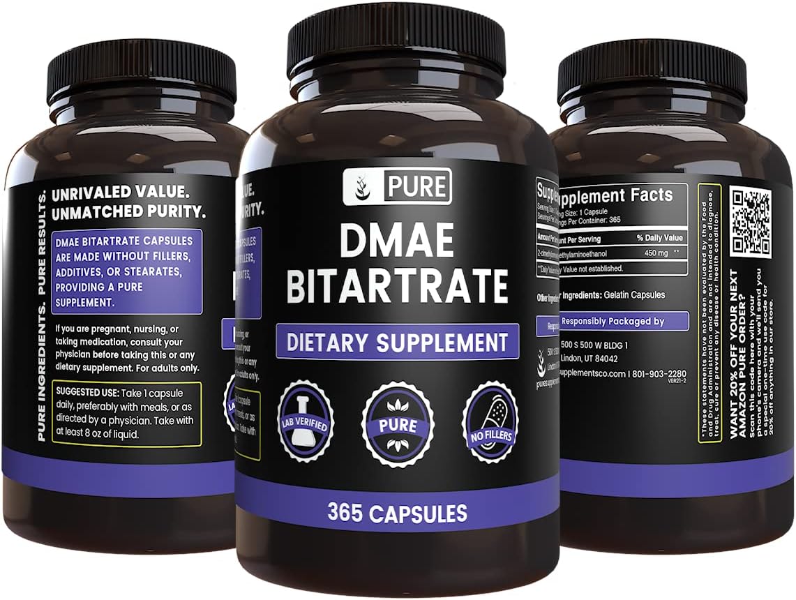 365 Capsules of DMAE Bitartrate with Pure Original Ingredients, Lab Verified, No Magnesium or Rice Fillers