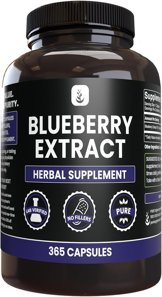 365 Capsules of Lab Verified Blueberry Extract, No Magnesium or Rice Fillers, Pure Original Ingredients