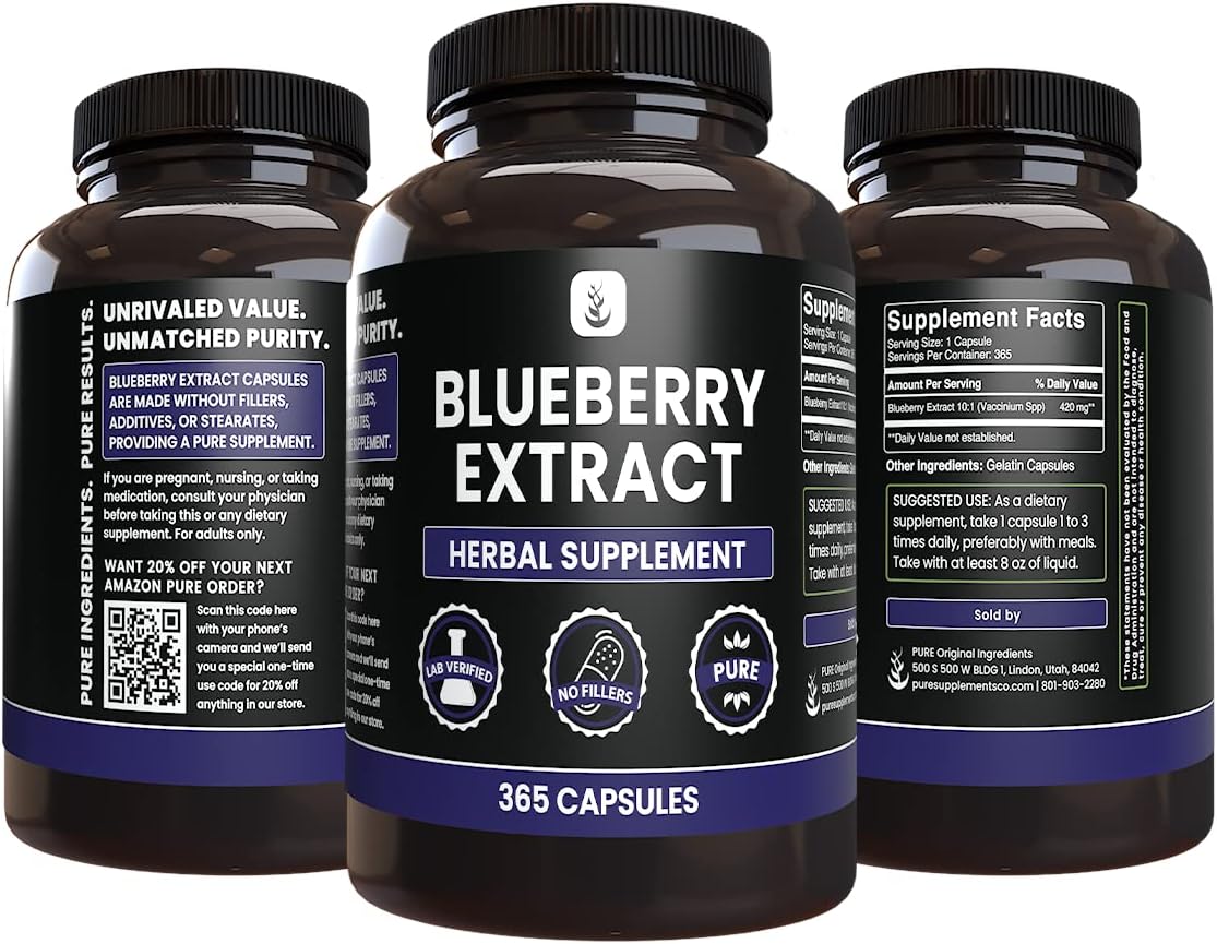 365 Capsules of Lab Verified Blueberry Extract, No Magnesium or Rice Fillers, Pure Original Ingredients