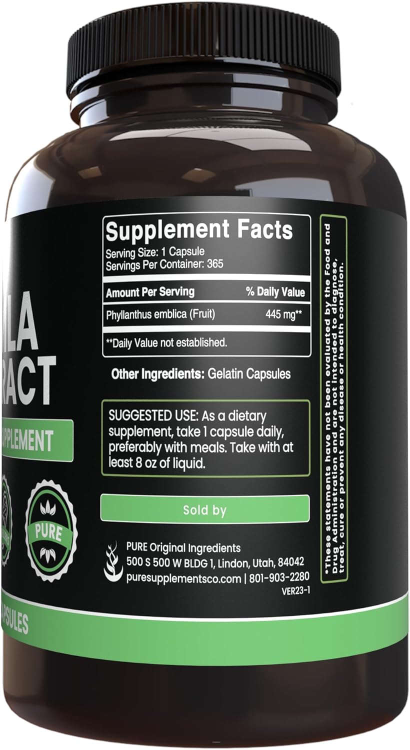 365 Capsules of Pure Amla Extract - No Magnesium or Rice Fillers - Lab Verified Quality