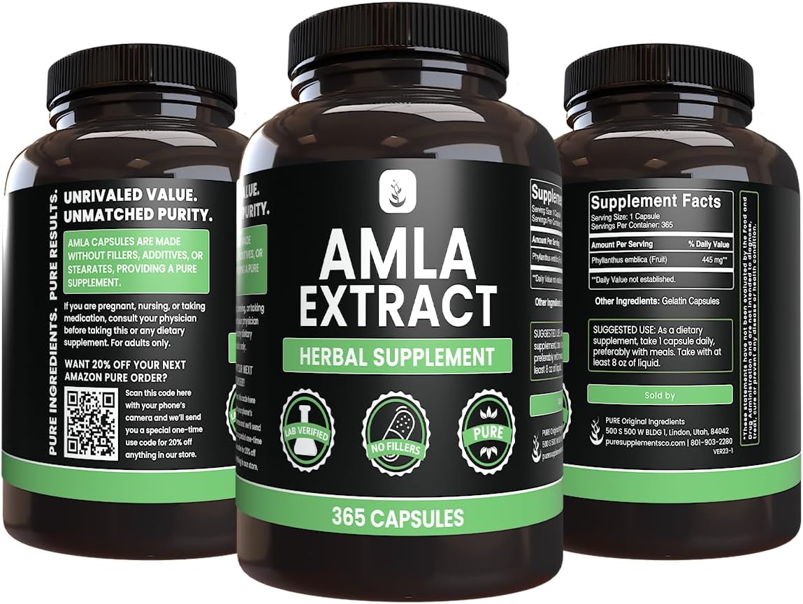 365 Capsules of Pure Amla Extract - No Magnesium or Rice Fillers - Lab Verified Quality