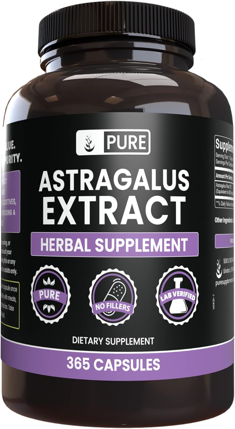 365 Capsules of Pure Astragalus with Original Ingredients - No Magnesium or Rice Fillers - Lab Verified & Always Pure