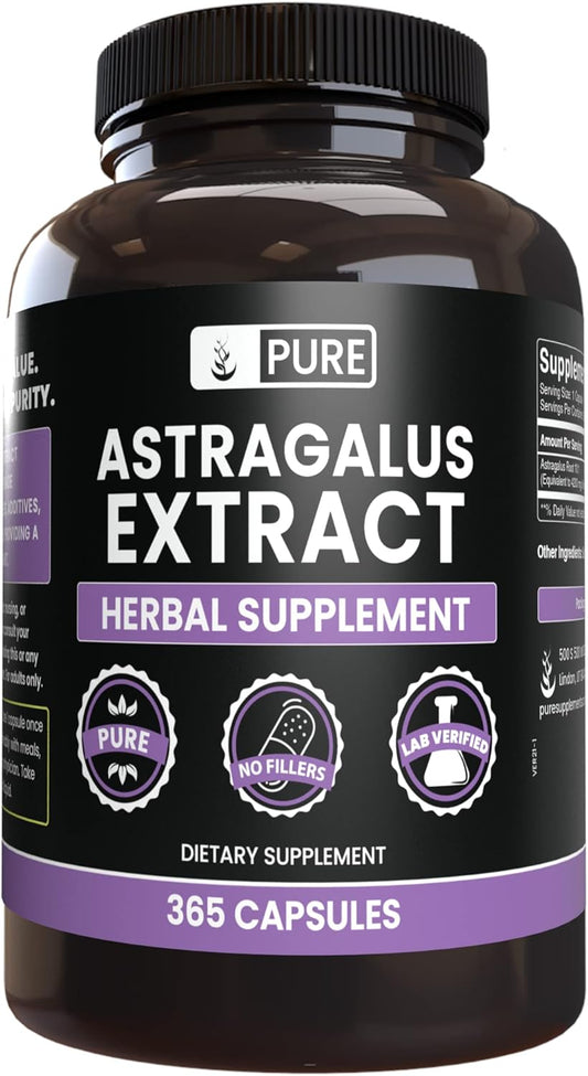365 Capsules of Pure Astragalus with Original Ingredients - No Magnesium or Rice Fillers - Lab Verified & Always Pure