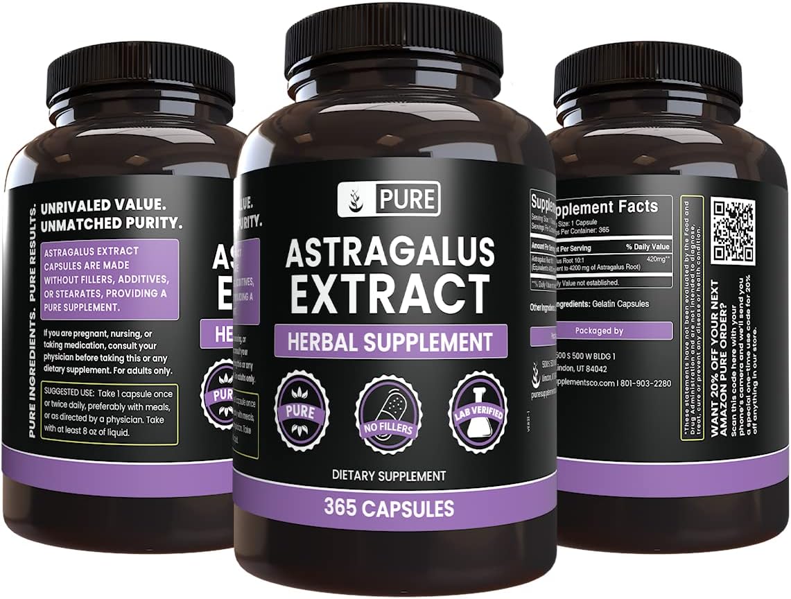 365 Capsules of Pure Astragalus with Original Ingredients - No Magnesium or Rice Fillers - Lab Verified & Always Pure