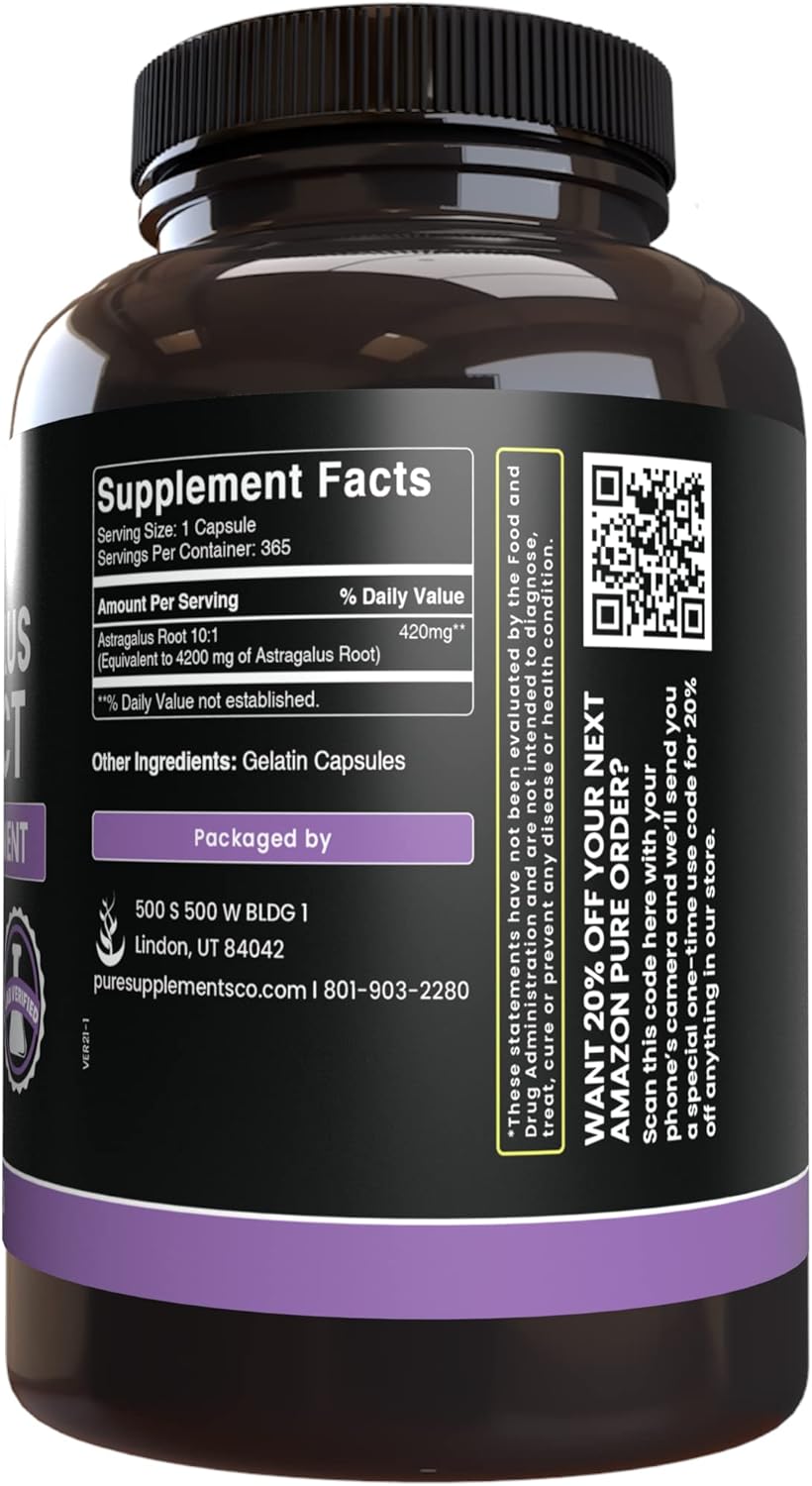 365 Capsules of Pure Astragalus with Original Ingredients - No Magnesium or Rice Fillers - Lab Verified & Always Pure