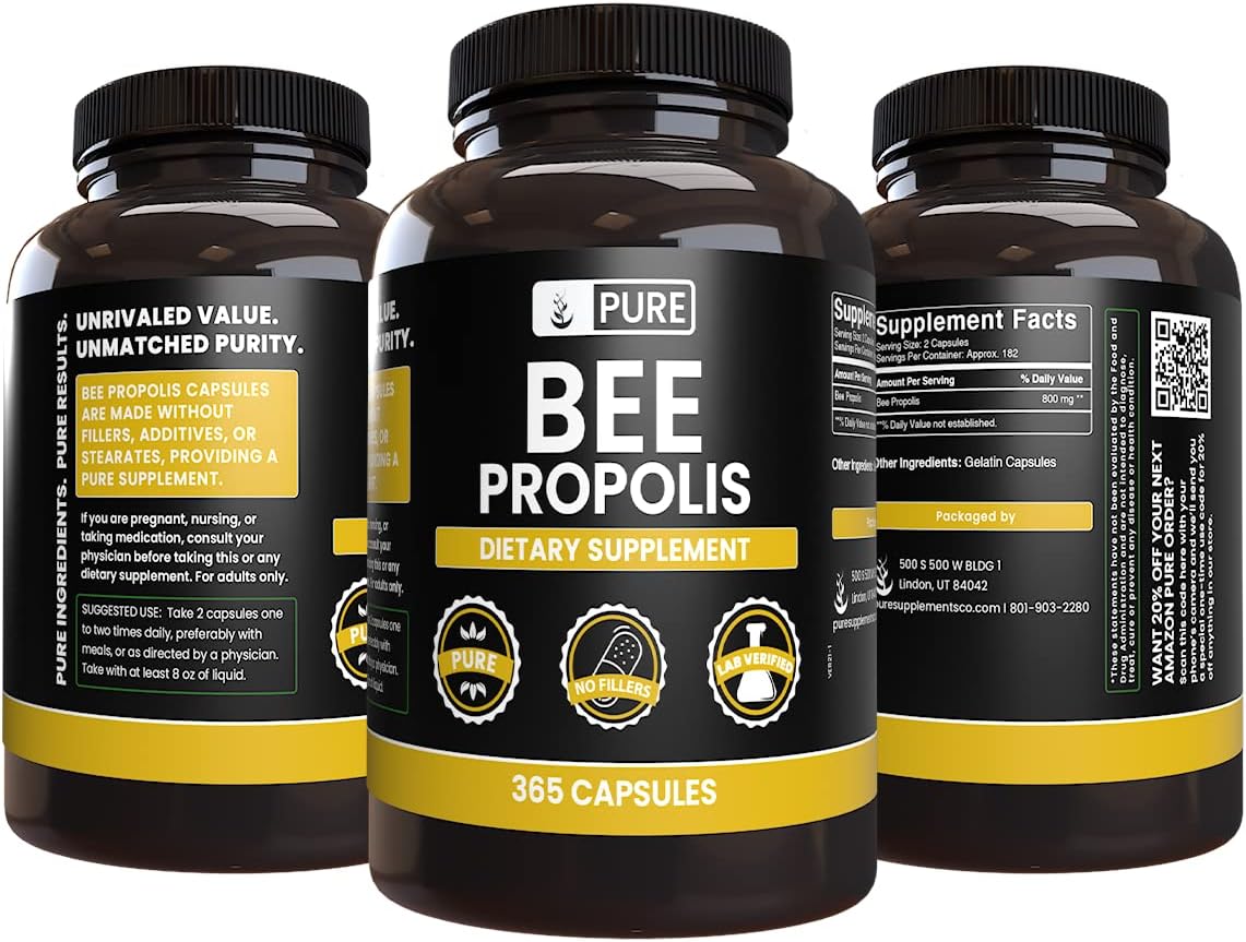 365 Capsules of Pure Bee Propolis with Original Ingredients, Lab Verified - No Magnesium or Rice Fillers