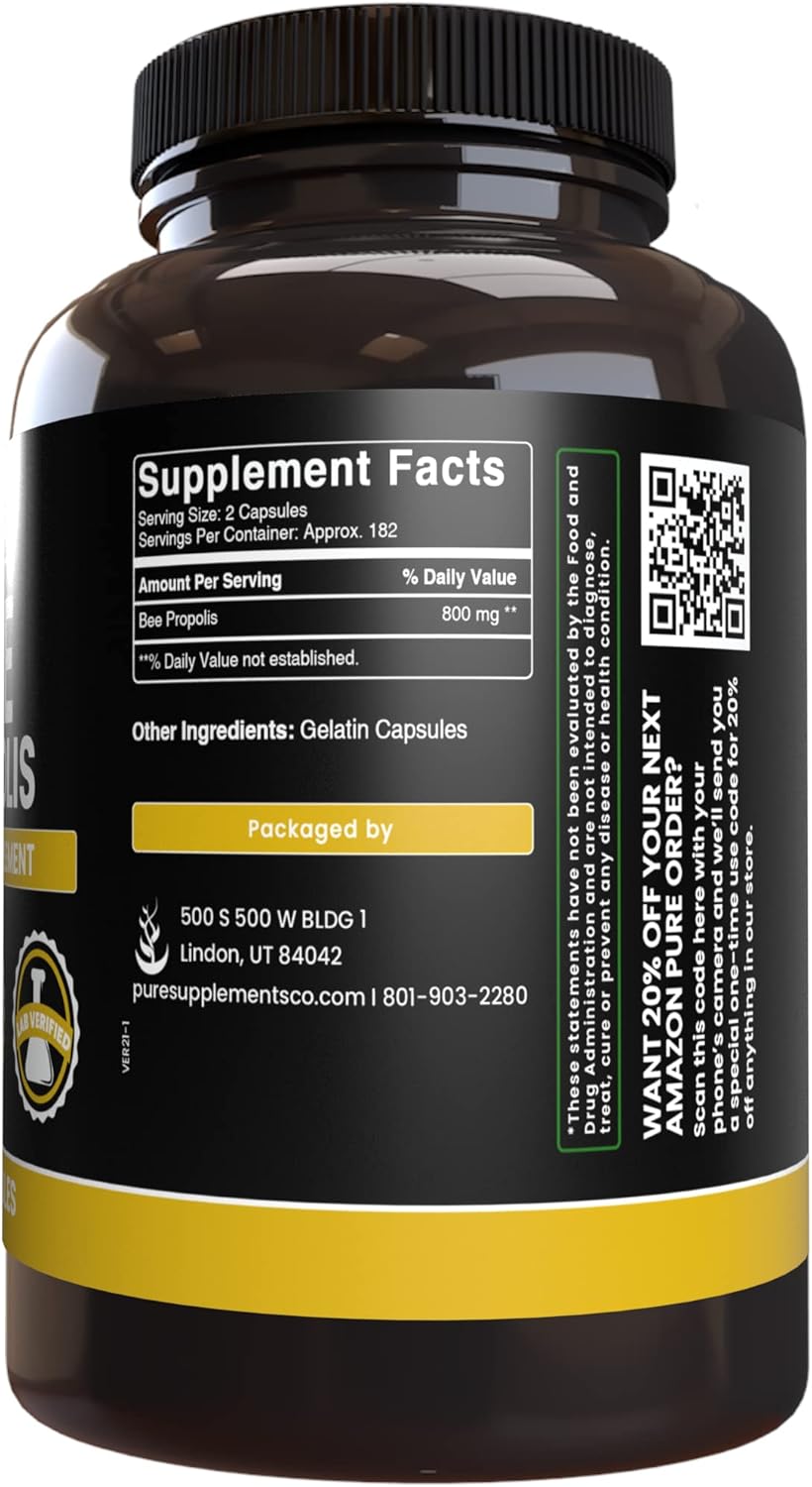 365 Capsules of Pure Bee Propolis with Original Ingredients, Lab Verified - No Magnesium or Rice Fillers