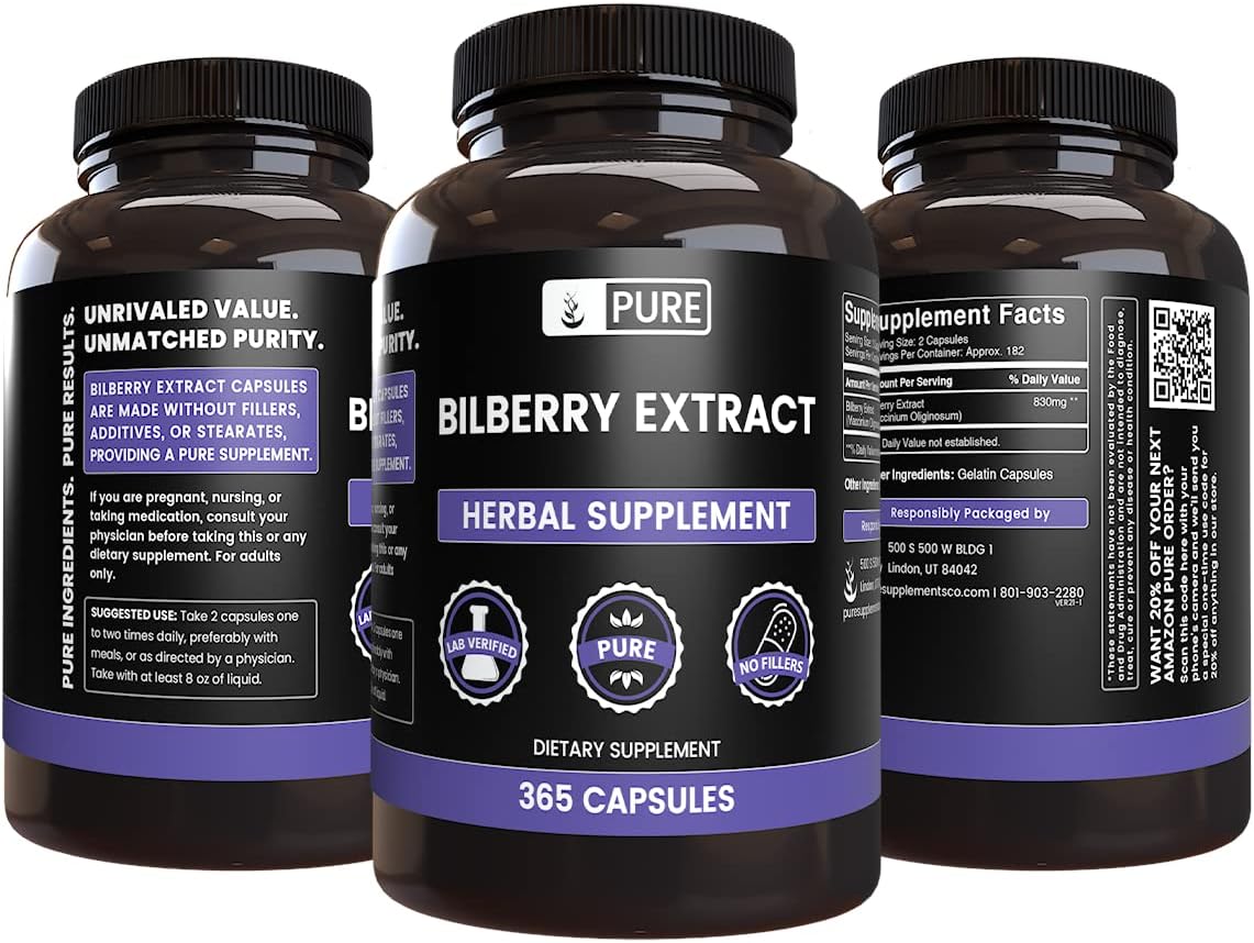 365 Capsules of Pure Bilberry Extract with Original Ingredients - No Fillers, Lab Verified