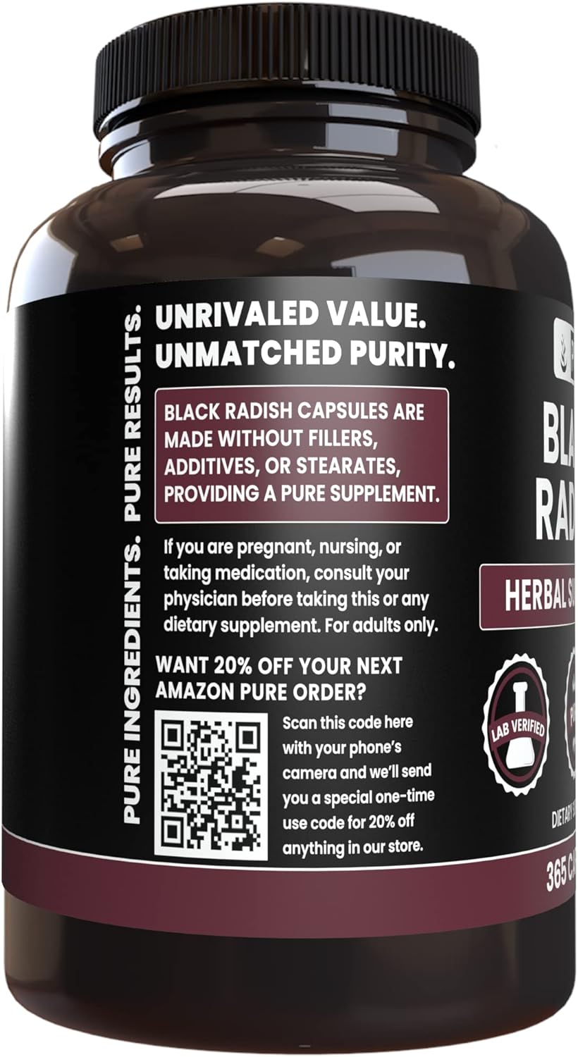 365 Capsules of Pure Black Radish with Original Ingredients, Lab Verified - No Magnesium or Rice Fillers