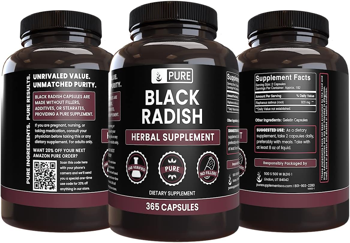 365 Capsules of Pure Black Radish with Original Ingredients, Lab Verified - No Magnesium or Rice Fillers