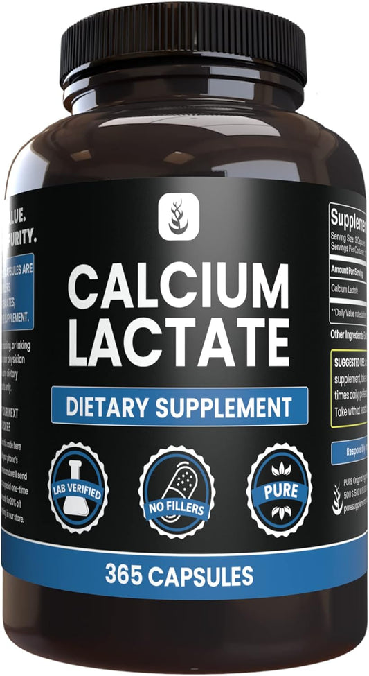 365 Capsules of Pure Calcium Lactate with No Magnesium or Rice Fillers - Lab Verified Quality