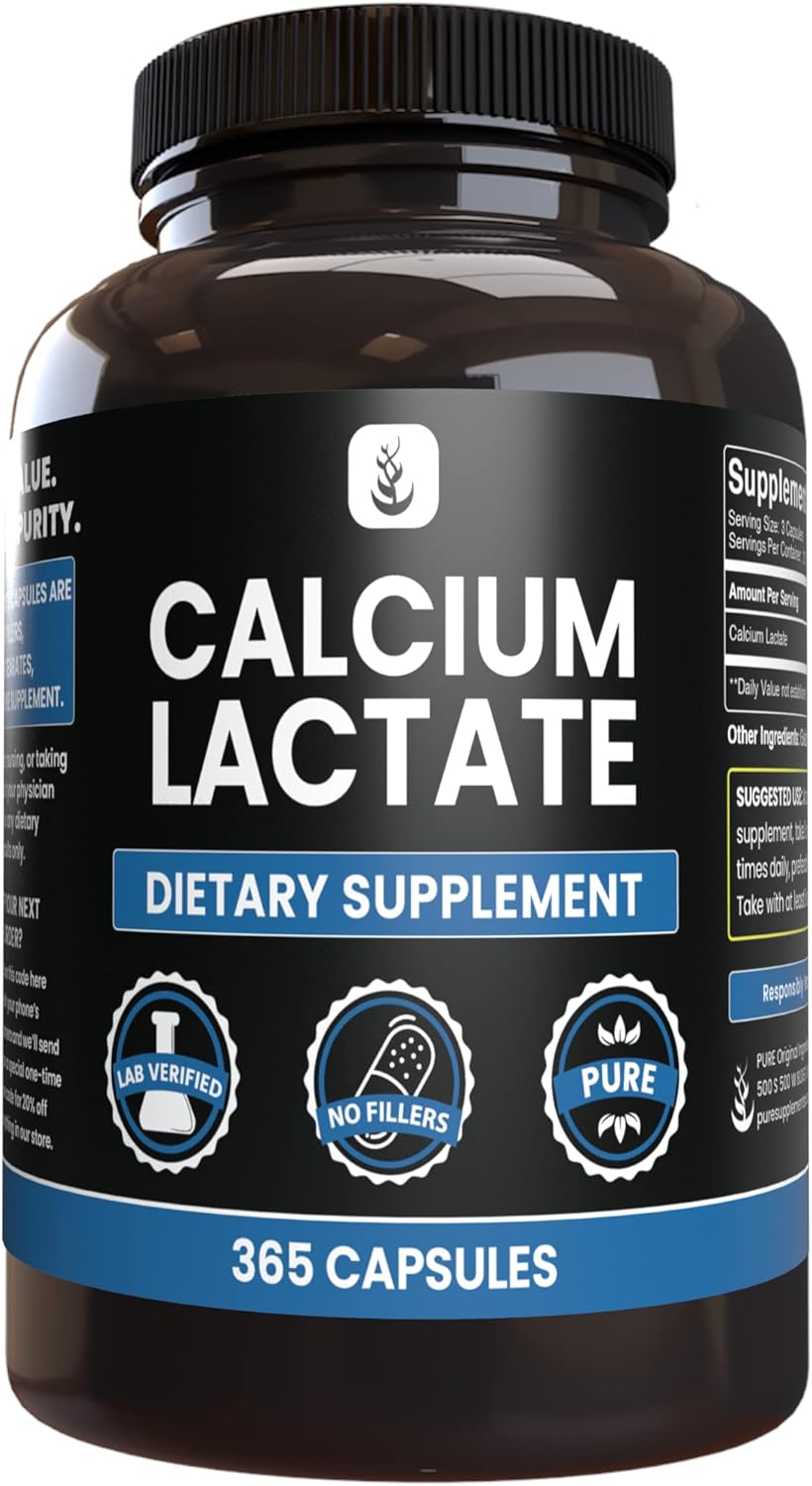 365 Capsules of Pure Calcium Lactate with No Magnesium or Rice Fillers - Lab Verified Quality