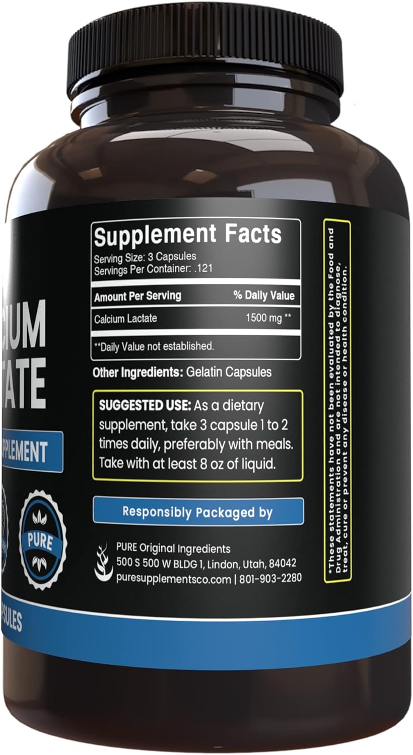 365 Capsules of Pure Calcium Lactate with No Magnesium or Rice Fillers - Lab Verified Quality
