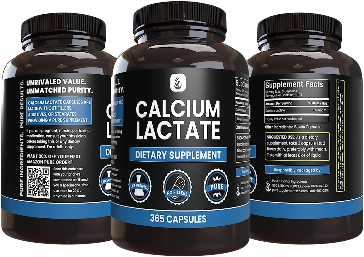 365 Capsules of Pure Calcium Lactate with No Magnesium or Rice Fillers - Lab Verified Quality