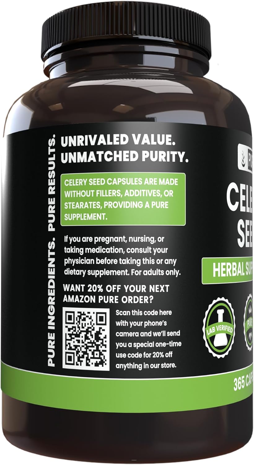 365 Capsules of Pure Celery Seed with No Magnesium or Rice Fillers - Lab Verified & Always Pure