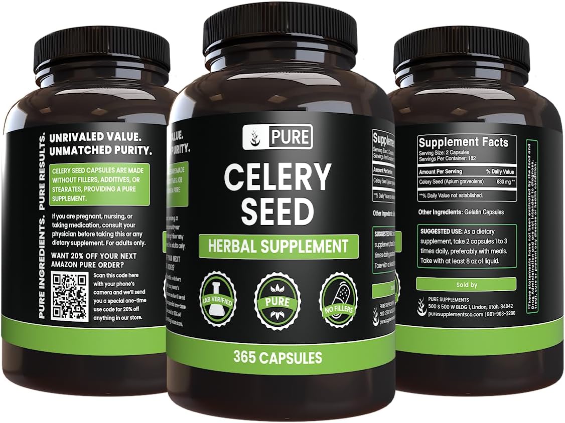 365 Capsules of Pure Celery Seed with No Magnesium or Rice Fillers - Lab Verified & Always Pure