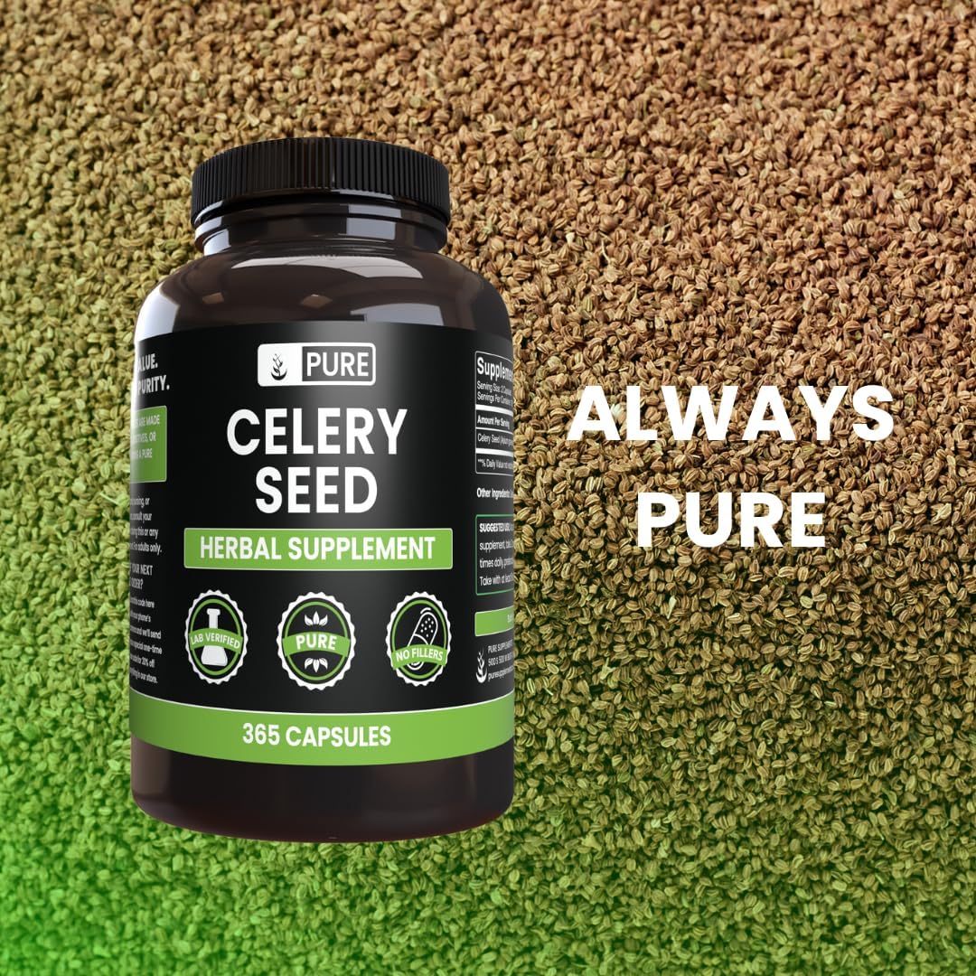 365 Capsules of Pure Celery Seed with No Magnesium or Rice Fillers - Lab Verified & Always Pure