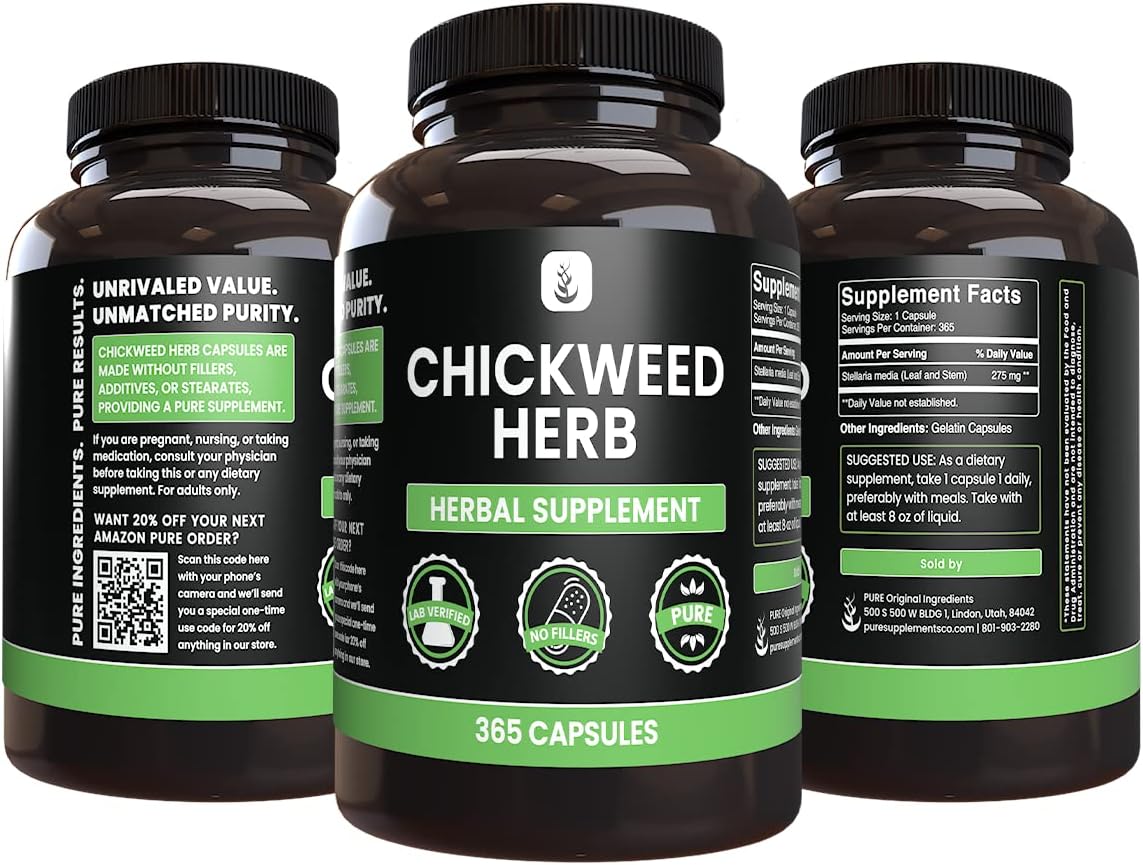 365 Capsules of Pure Chickweed Herb - No Magnesium or Rice Fillers - Lab Verified