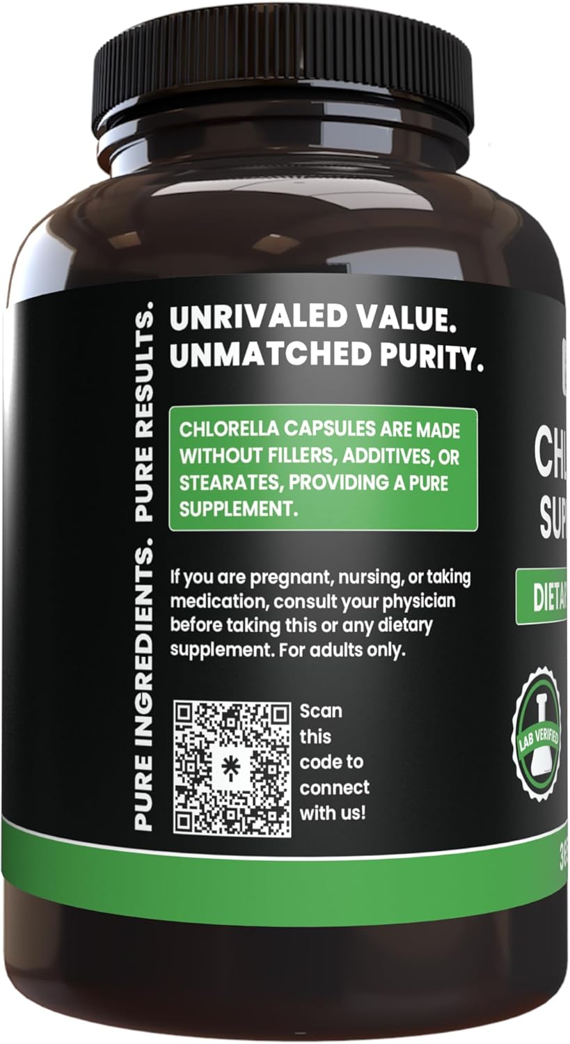 365 Capsules of Pure Chlorella with Original Ingredients, Lab Verified & Free of Magnesium and Rice Fillers