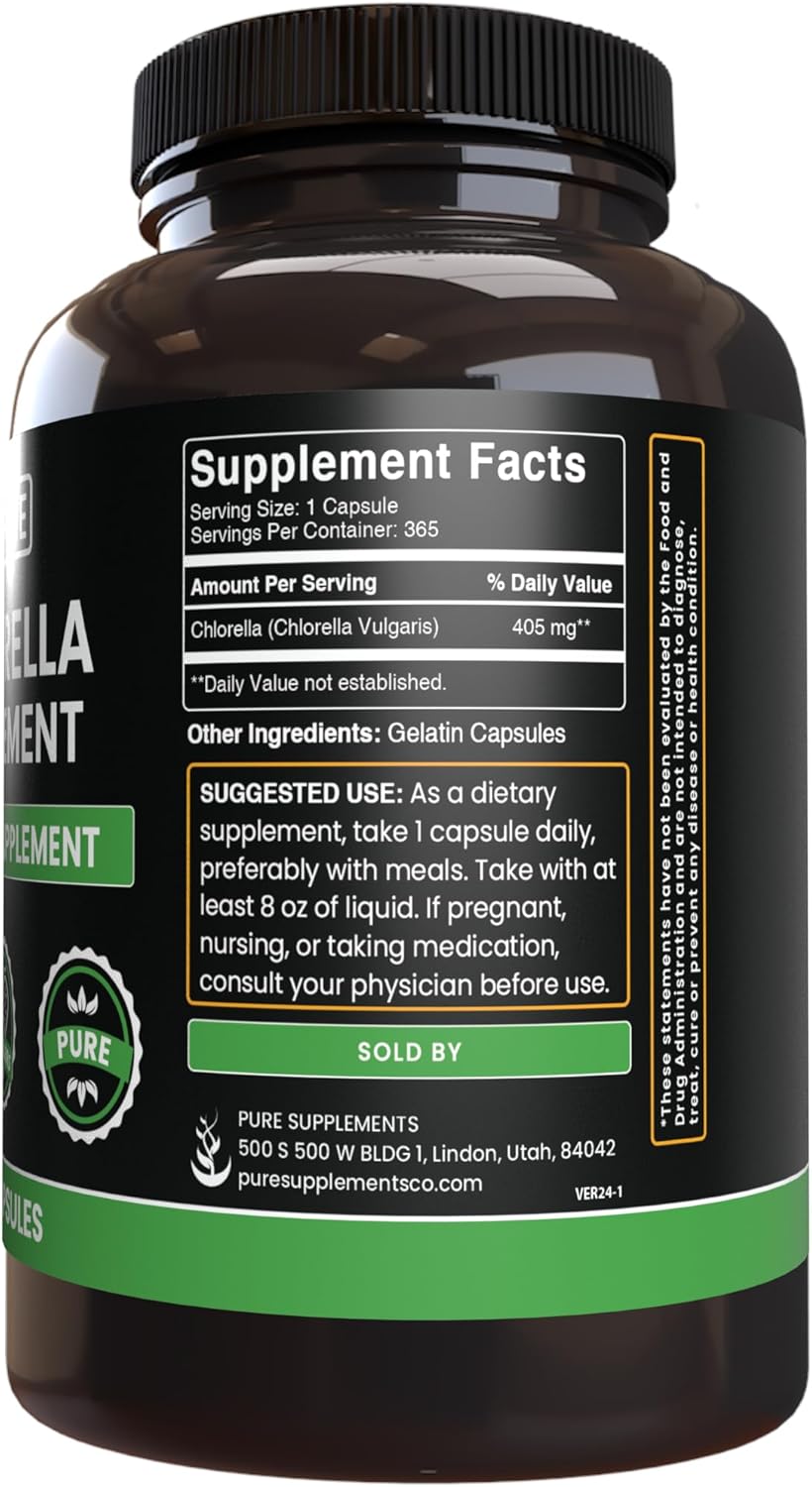 365 Capsules of Pure Chlorella with Original Ingredients, Lab Verified & Free of Magnesium and Rice Fillers