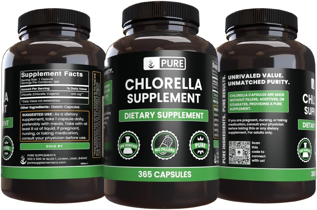 365 Capsules of Pure Chlorella with Original Ingredients, Lab Verified & Free of Magnesium and Rice Fillers