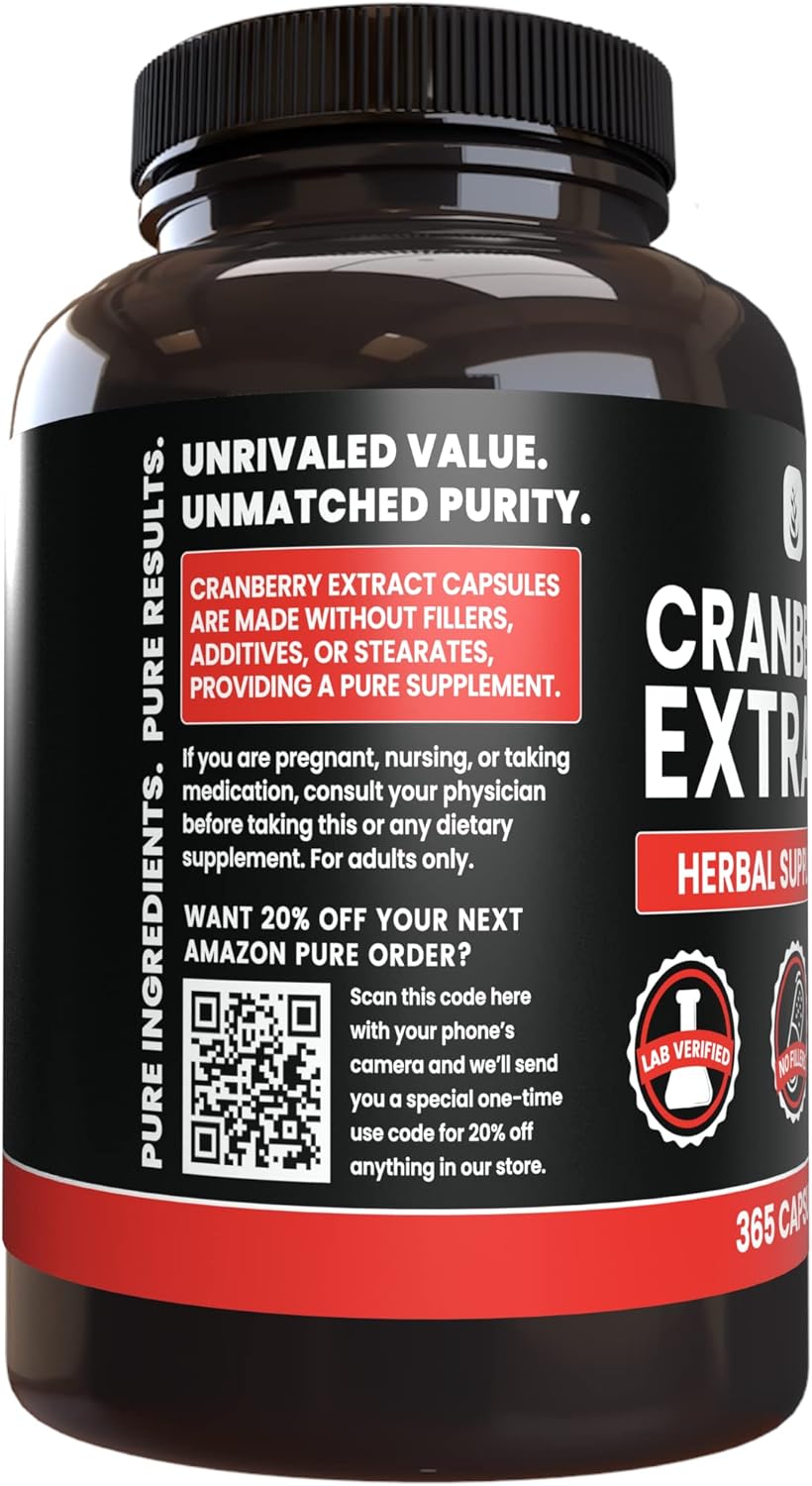 365 Capsules of Pure Cranberry Extract - No Magnesium or Rice Fillers - Lab Verified Quality