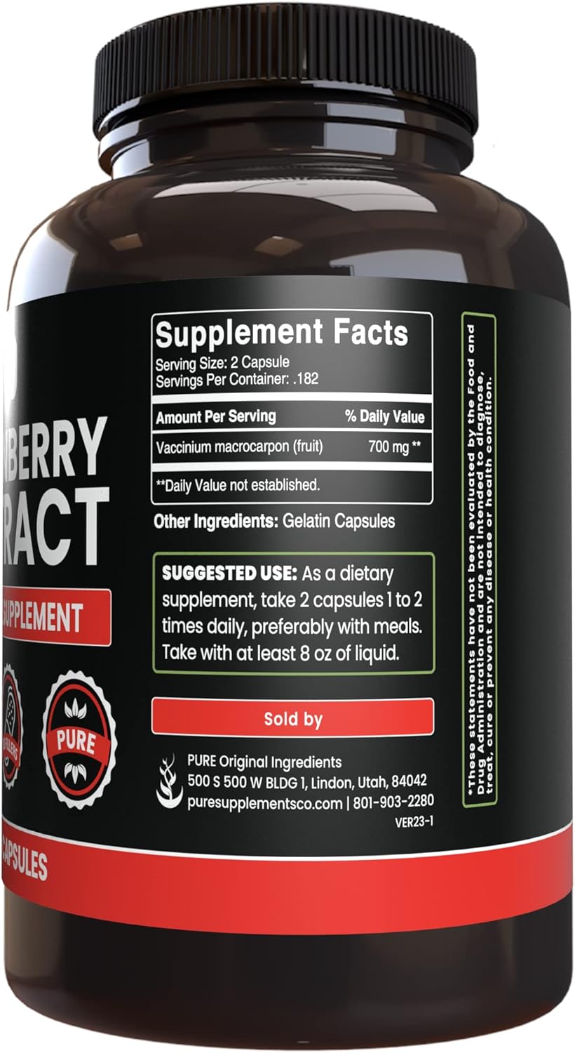 365 Capsules of Pure Cranberry Extract - No Magnesium or Rice Fillers - Lab Verified Quality