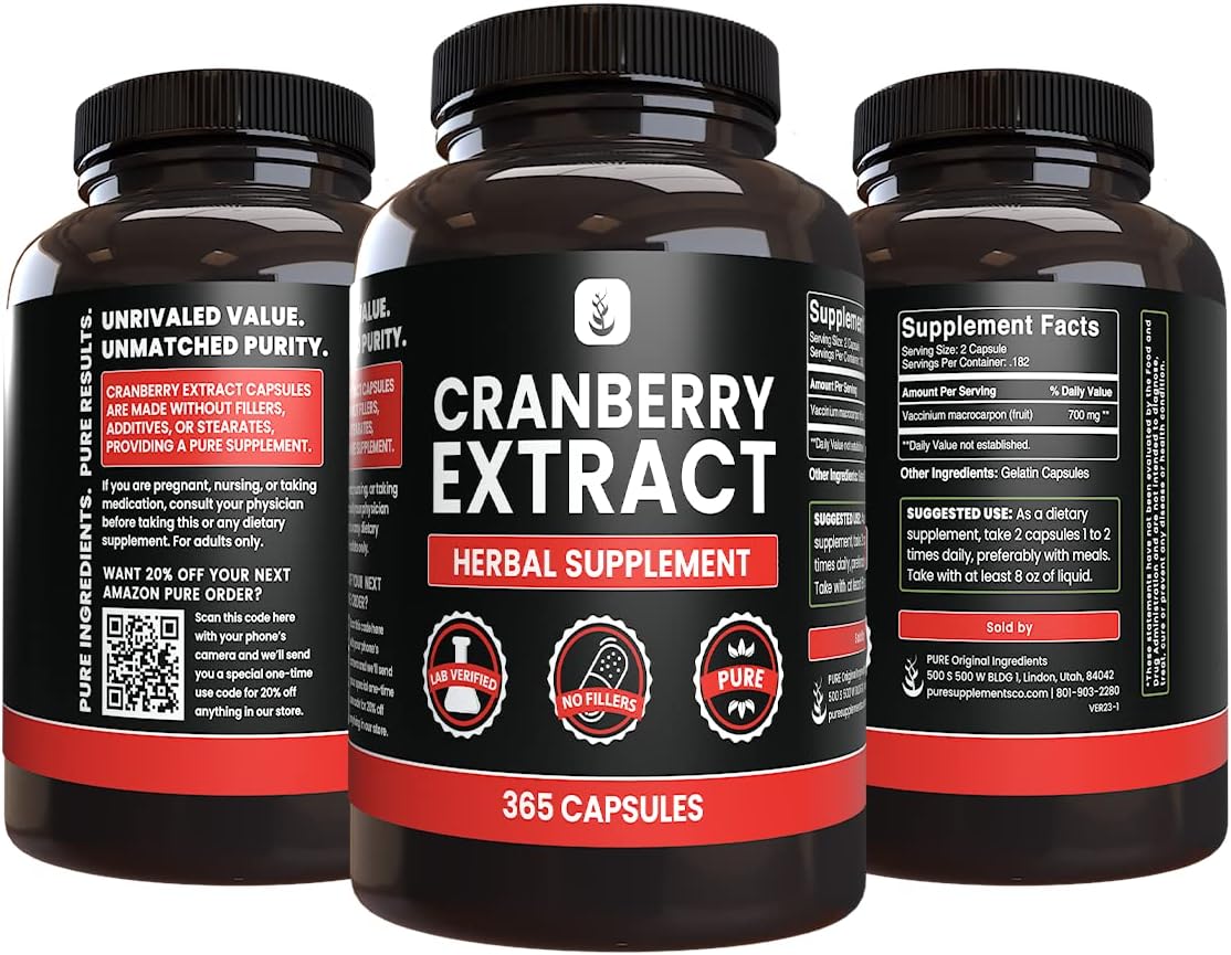 365 Capsules of Pure Cranberry Extract - No Magnesium or Rice Fillers - Lab Verified Quality