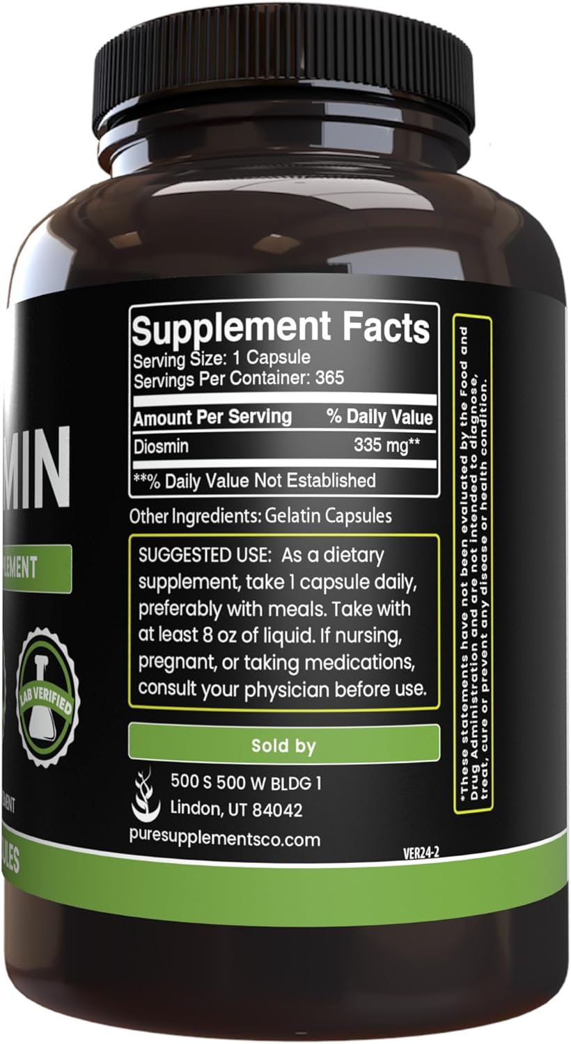 365 Capsules of Pure Diosmin with No Magnesium or Rice Fillers - Lab Verified and Always Pure
