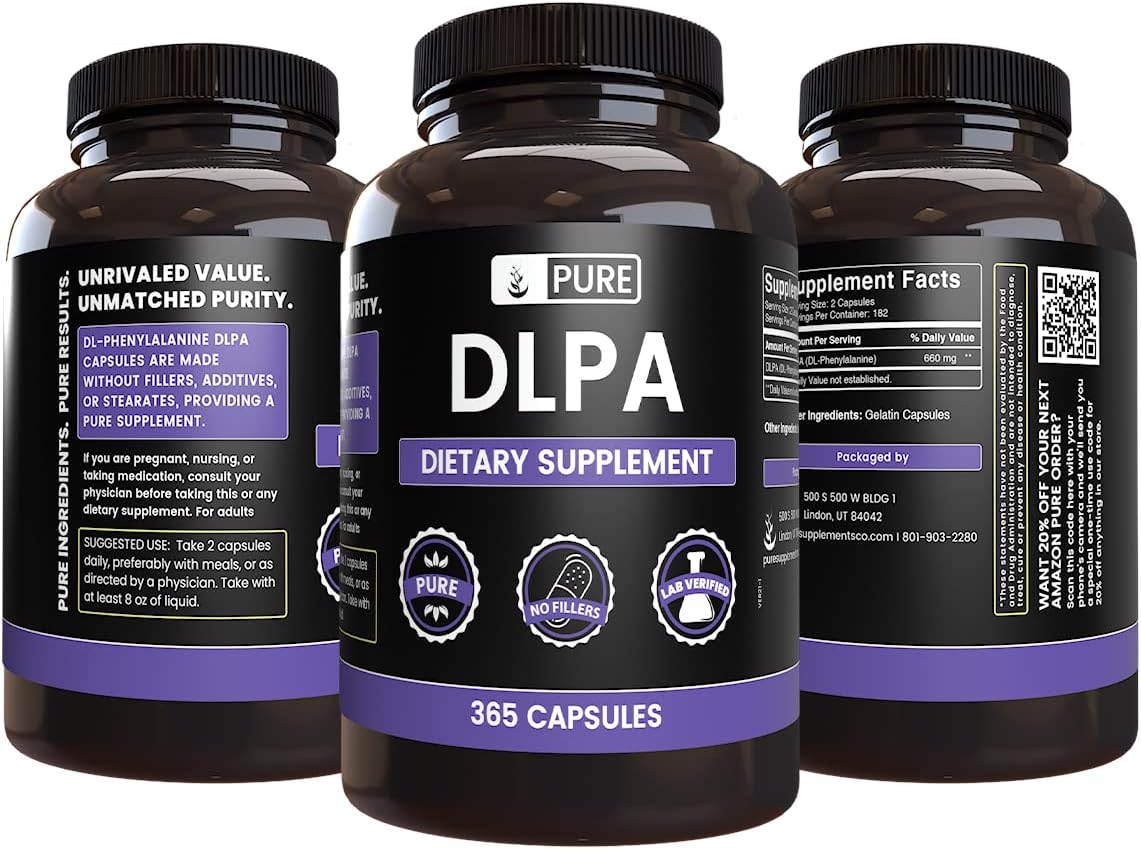 365 Capsules of Pure DL-Phenylalanine DLPA with No Magnesium or Rice Fillers - Lab Verified Quality