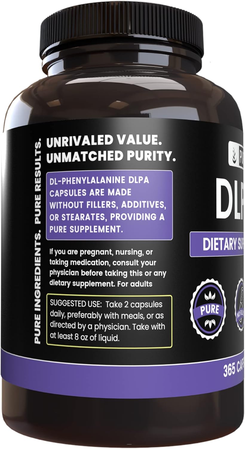 365 Capsules of Pure DL-Phenylalanine DLPA with No Magnesium or Rice Fillers - Lab Verified Quality