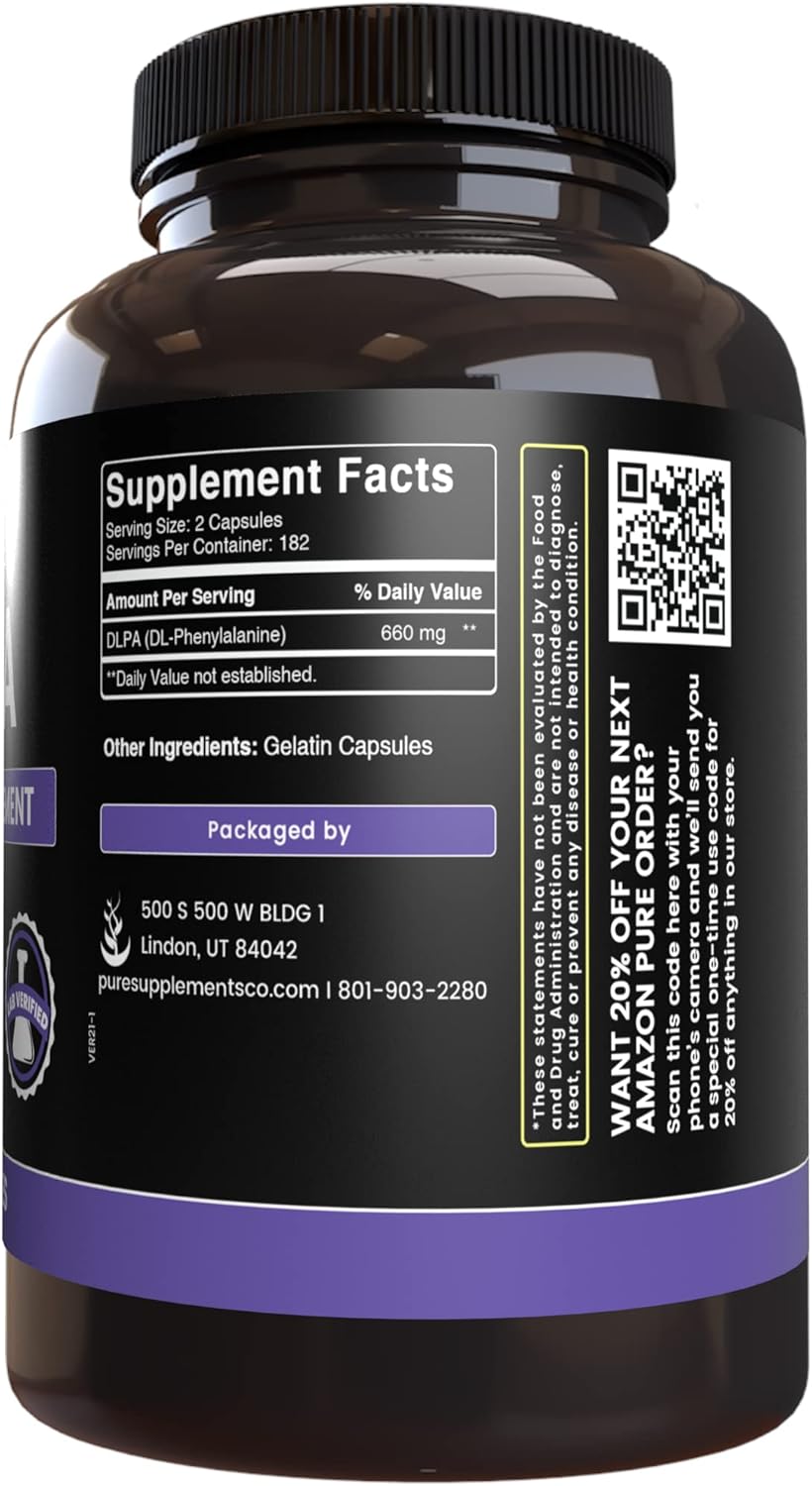 365 Capsules of Pure DL-Phenylalanine DLPA with No Magnesium or Rice Fillers - Lab Verified Quality