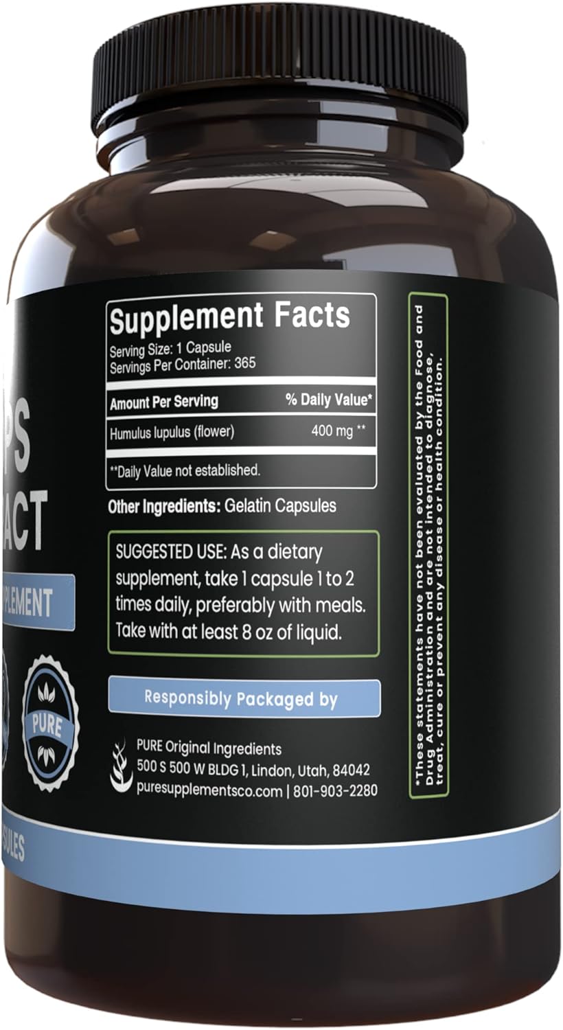 365 Capsules of Pure Hops Extract - No Magnesium or Rice Fillers - Lab Verified Quality