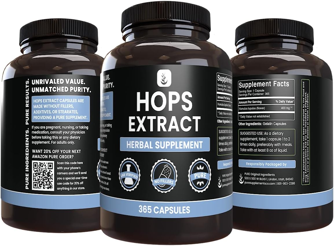 365 Capsules of Pure Hops Extract - No Magnesium or Rice Fillers - Lab Verified Quality