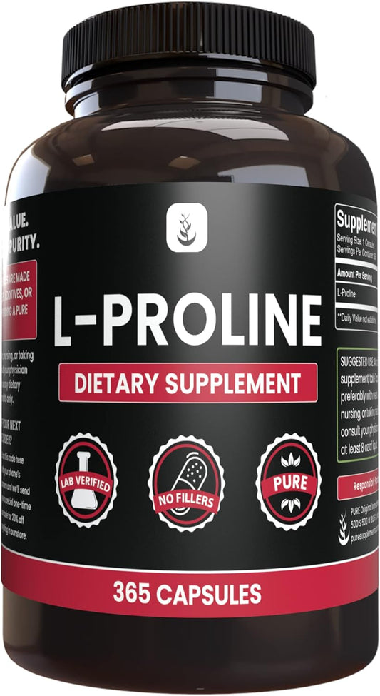 365 Capsules of Pure L-Proline Supplement - No Magnesium or Rice Fillers - Lab Verified